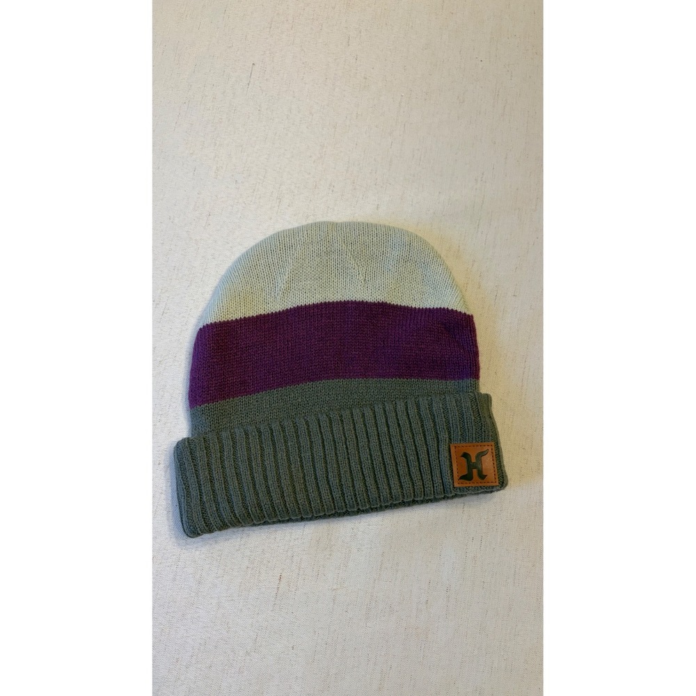 Hurley Beanie Hat Mens OSFM Multi-Color Excellent Striped Cuffed Knit Logo Patch
